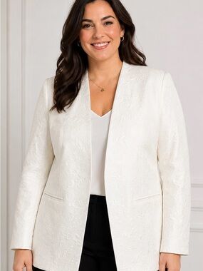 Michael Michael Kors Blazer Size 16W White Floral Jacquard Lined Open-Front